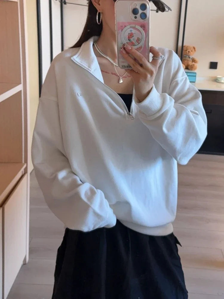 Black Cotton Pullover Sports Pullover 2025 Autumn New Zipper Stand-Up Collar Hoodie Casual Loose Fashion Long Sleeved Hoodies