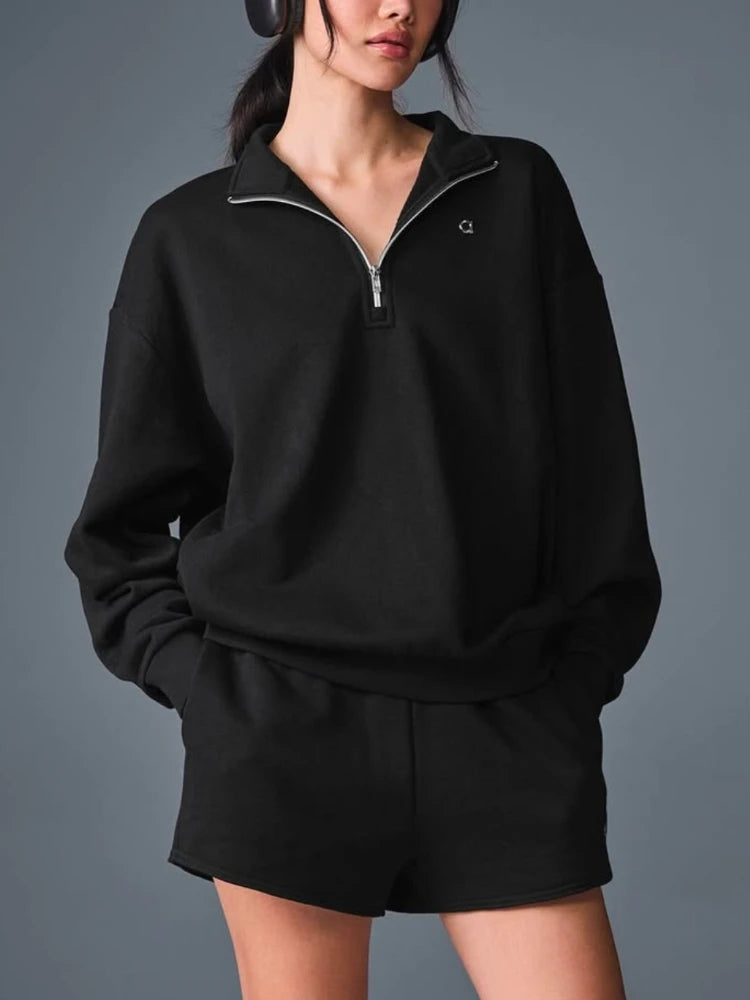 Black Cotton Pullover Sports Pullover 2025 Autumn New Zipper Stand-Up Collar Hoodie Casual Loose Fashion Long Sleeved Hoodies