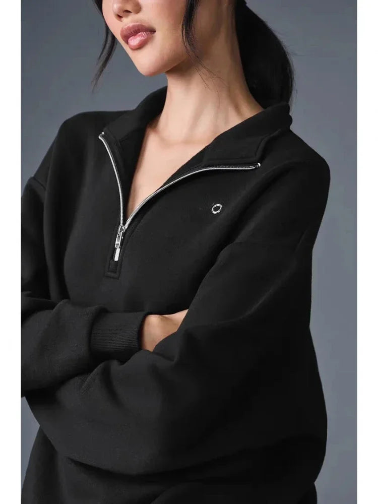 Black Cotton Pullover Sports Pullover 2025 Autumn New Zipper Stand-Up Collar Hoodie Casual Loose Fashion Long Sleeved Hoodies